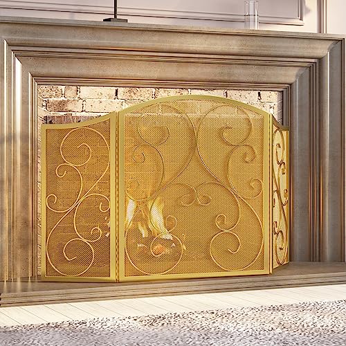 Fire Beauty Fireplace Screen 3 Panel Wrought Iron Metal 48"(L) x30(H) Spark Guard Cover(Golden Dusting)