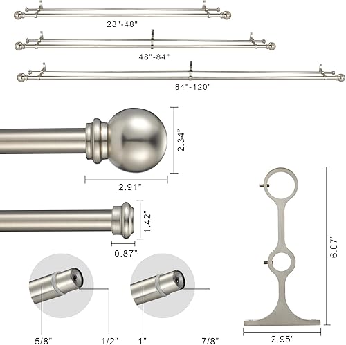 Miniatura 3 de Barra de cortina doble de 84 a 120 pulgadas, barras de cortina dobles ajustables de 1 pulgada para ventanas y puertas con remates redondos de bola y