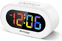 Reacher Colorful LED Digital Alarm Clock - Adjustable Brightness Dimmer, Volume 30-85dB, Easy Snooze, Outlet Powered Bedside Clock for Bedroom
