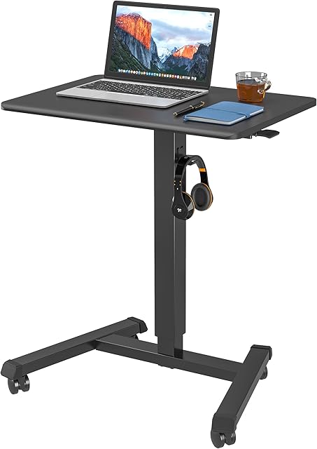 BONTEC 65 × 45cm Mobile Standing Desk with 4 Rolling Castors, Stand Up Desk on Wheels, Height Adjustable Standing Desk, Over-bed Table for Living Room, Bedroom, Medical