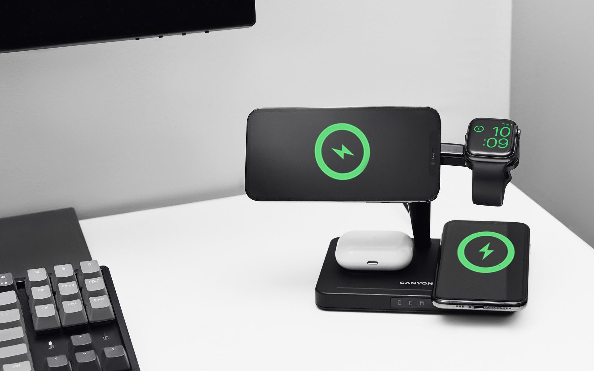 CANYON WS-404 - Stazione di ricarica wireless 4 in 1, 15 W, caricatore rapido per 2 smartphone, Apple Watch e auricolari Qi, modulo di ricarica magnetico, design a supporto, adattatore QC36W incluso