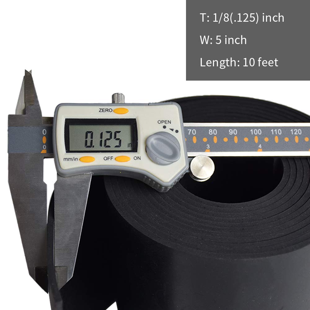 DOBTIM Neoprene Rubber Roll 1/8 (.125)" Thick X 5" Wide X 10' Long, Solid Rubber Strips Use for Gaskets DIY Material, Supports, Leveling, Sealing, Bumpers, Protection, Abrasion, Flooring, Black 5" X 10' .125" thick(No Adhesive?