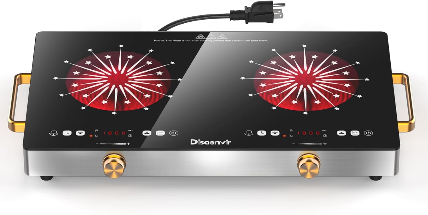2 Burner Electric Cooktop 110V – 24 Inch(22.2″x 13.07″) Countertop Electric Stove with Handles 2000W, Two Burner Ceramic Burner with Touch and Knob Control, Timer, Safety Lock, 120V Plug in
