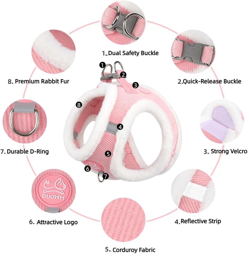 Dog Harness and Leash Set-No Pull No Choke Step-in Pet Harness for Cold Weather Lightweight Adjustable Cat Harness Warm Plush Puppy Vest with Hook & Loop Fastener Buckles D-Rings-Lightpink-M