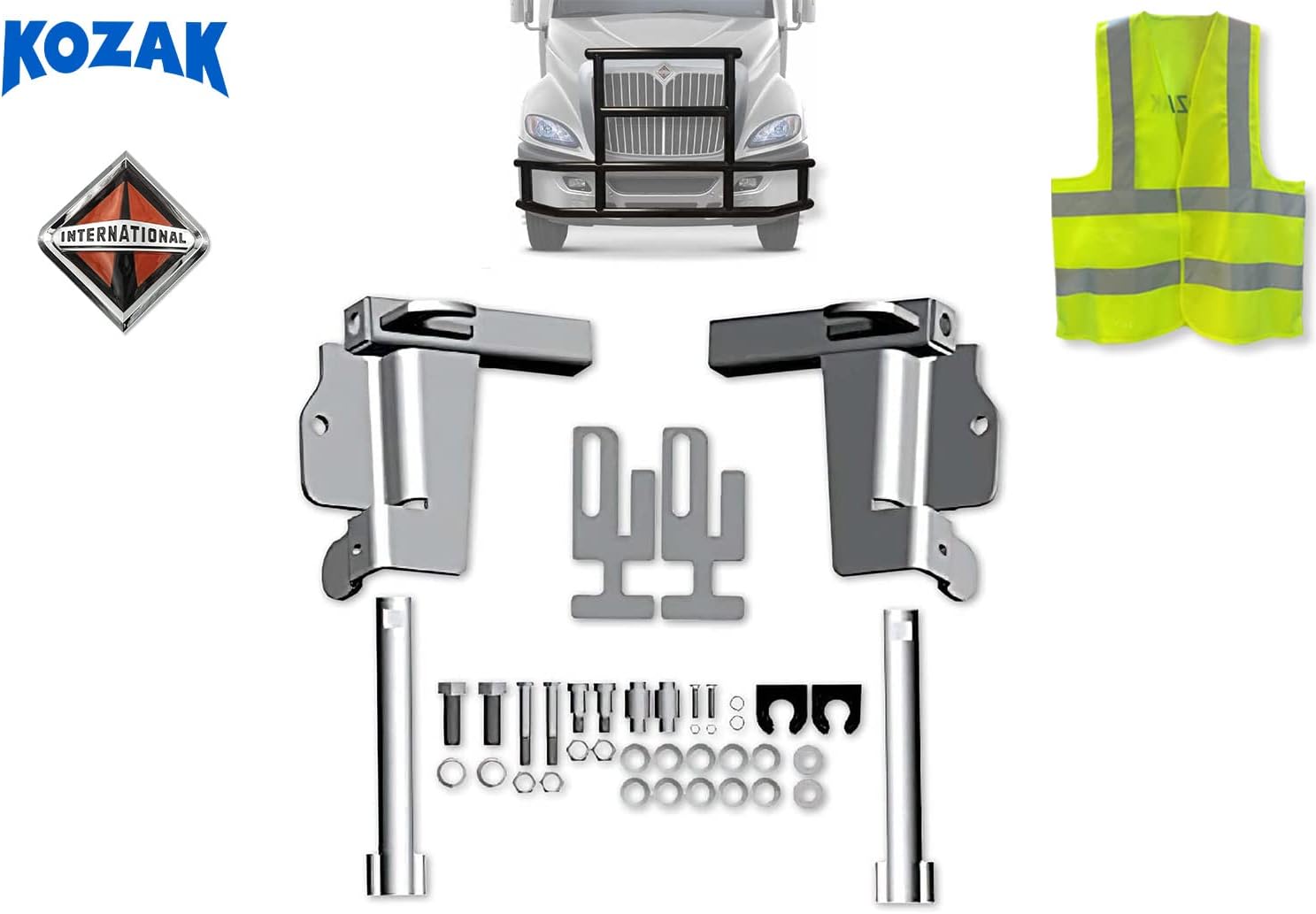 Bumper Deer Moose Brush Guard Brackets Mounting Hardware Set Compatible with International Prostar Plus Logo Emblem and Reflective Vest Included