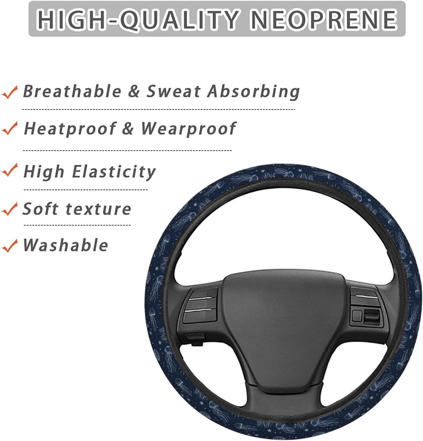 Jellyfish and Starfish Car Steering Wheel Cover Auto Steering Wheel Protector Anti-Slip Elasticity and Breathable Car Accessories Universal 15 Inch for Cars SUV Sedan Vans Trucks