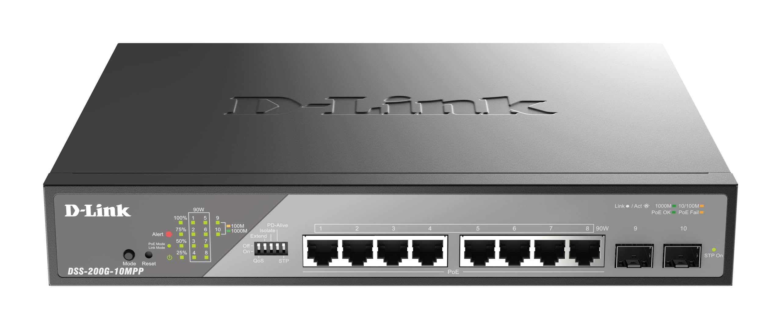 D-Link DSS-200G-10MPP Smart Switch 10 Ports Gigabit PoE++ pour vidéosurveillance, 8 Ports PoE+ 1000BASE-T et 2 Ports SFP, 802.3af/at/BT, Budget PoE 242 W, Extension de 250 m, sans Ventilateur, ONVIF