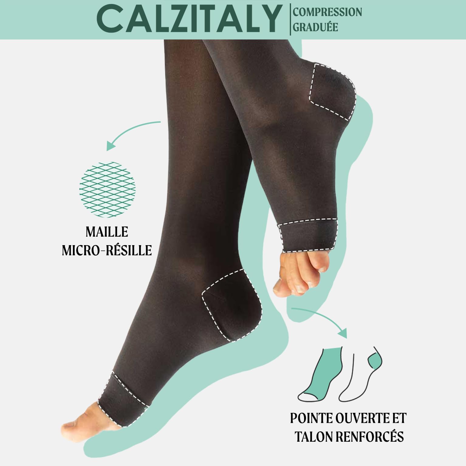 CALZITALY Bas Autofixant de Soutien Médicaux Pointe Ouverte à Compression Graduée Forte 18-22 mm/Hg | Noir, Naturel | S, M, L, XL | 140 DEN | Made in Italy (S, Noir)