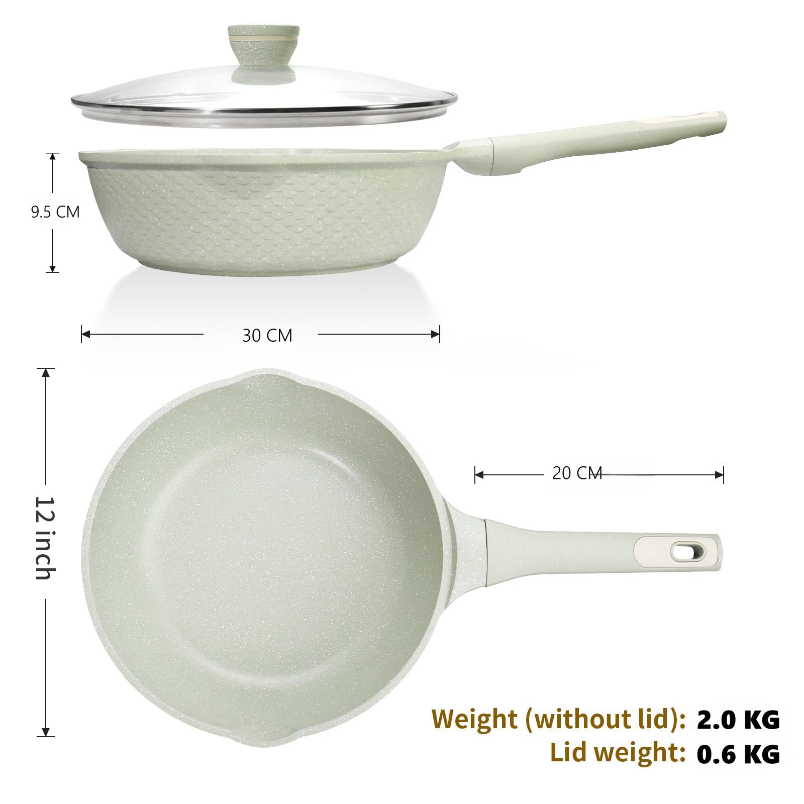 DYGG Nieprzywierająca patelnia wok z pokrywką, 30 cm, 5,5 litra, wysokość wewnętrzna 9 cm, nie zawiera PFAS i PFOA, do wszystkich rodzajów kuchenek