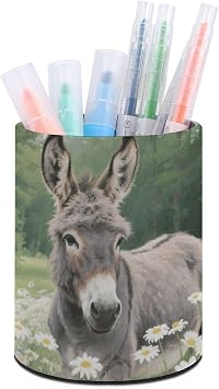 Donkey in Daisy Bush Pen Holder Premium Durable PU Leather Cylindrical Pencil Cup Multi-functional Round Desktop Organizer for Workspace Vanity Counter Home Office Bathroom Storage