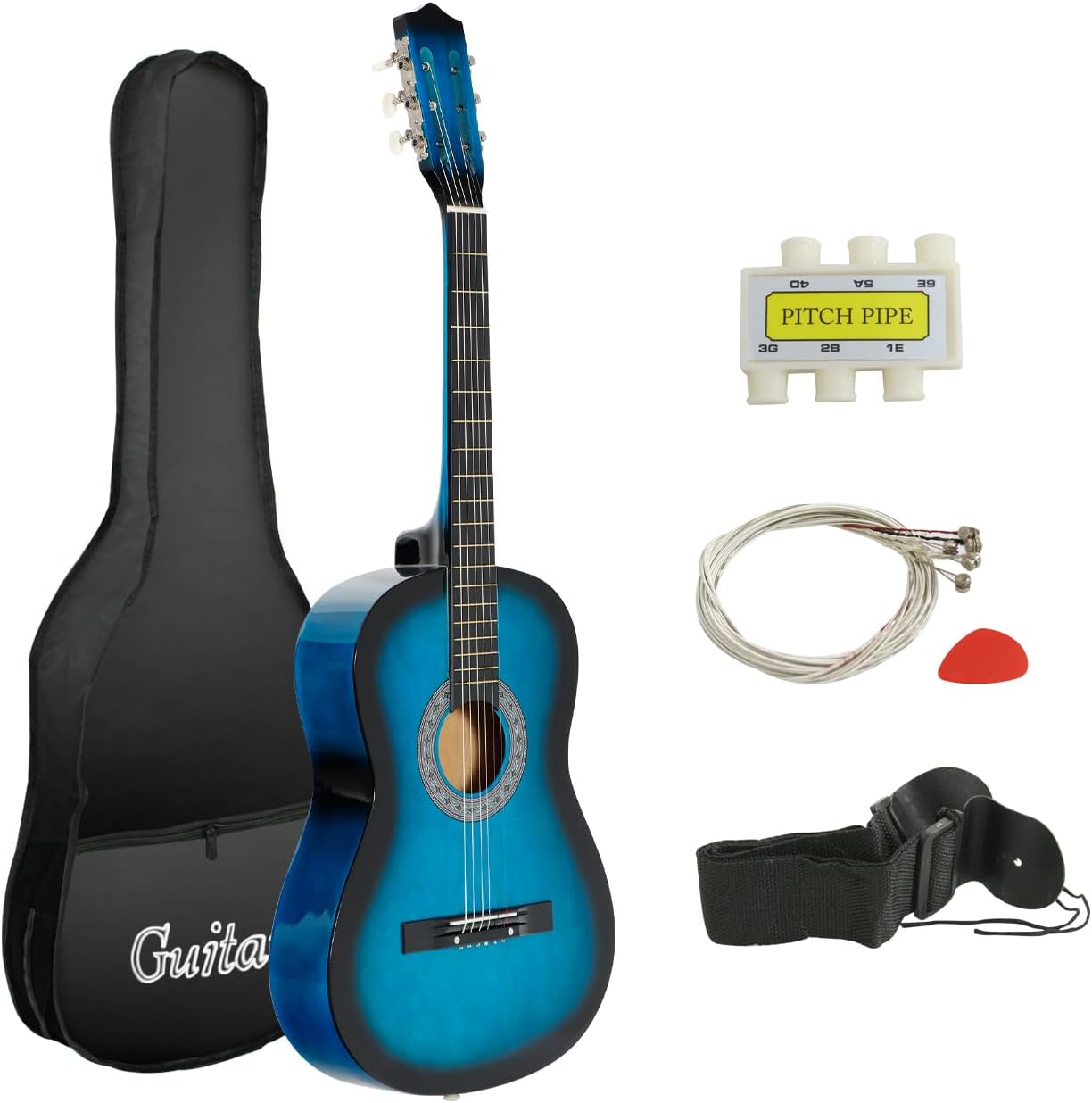 Smartxchoices 38" Kids Acoustic Guitar Bundle Kit for Starter Beginner Music Lovers, 6-String Folk Guitar with Gig Bag, Extra Set Steel Strings, Strap, Pitch Pipe and Pick (Blue)