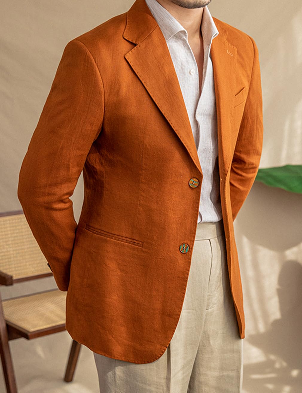 Chaqueta ligera de lino para hombre, ajustada, para primavera y verano, deportiva, con muesca, estilo informal
