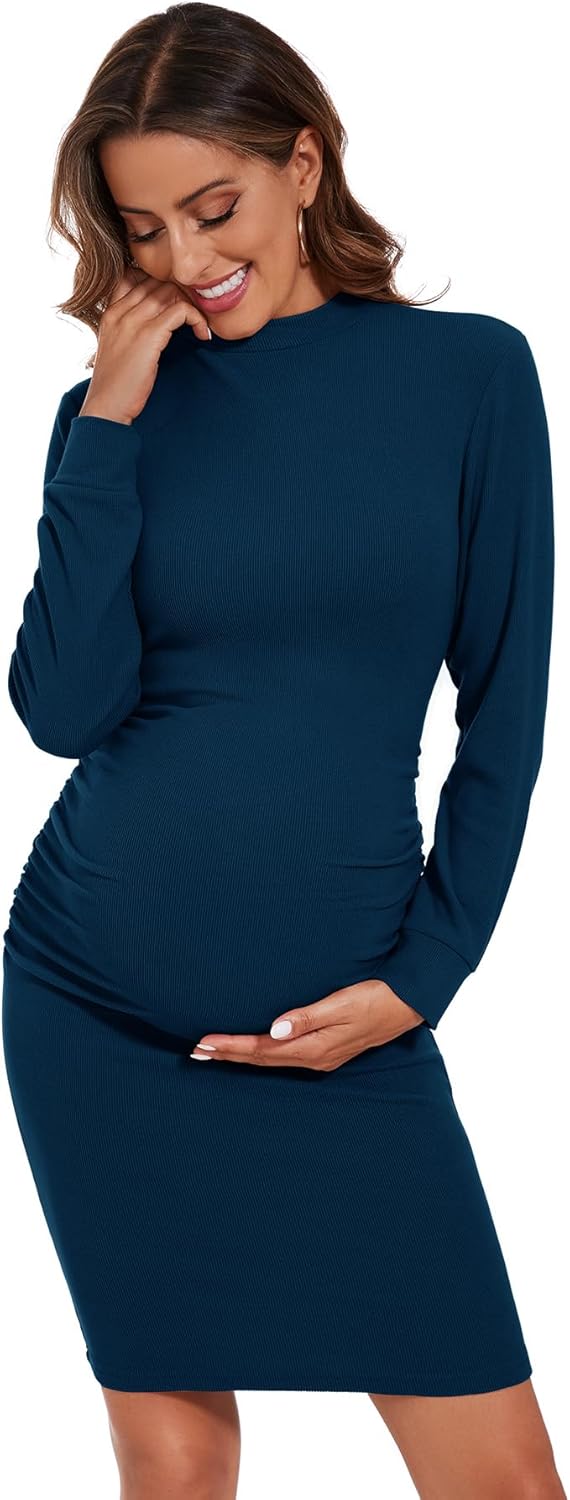 Smallshow Women's Materntiy Dress Long Sleeve Knit Crew Neck Pregnancy Clothes - Image 2