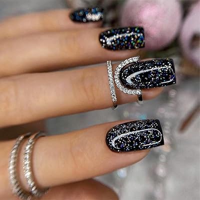 24Pcs Medium Press on Nails, Black False Nails with Designs Glitter Powder, Fake Nails Square Nails Press ons Glue on Nails Artificial Nails For Women Girls