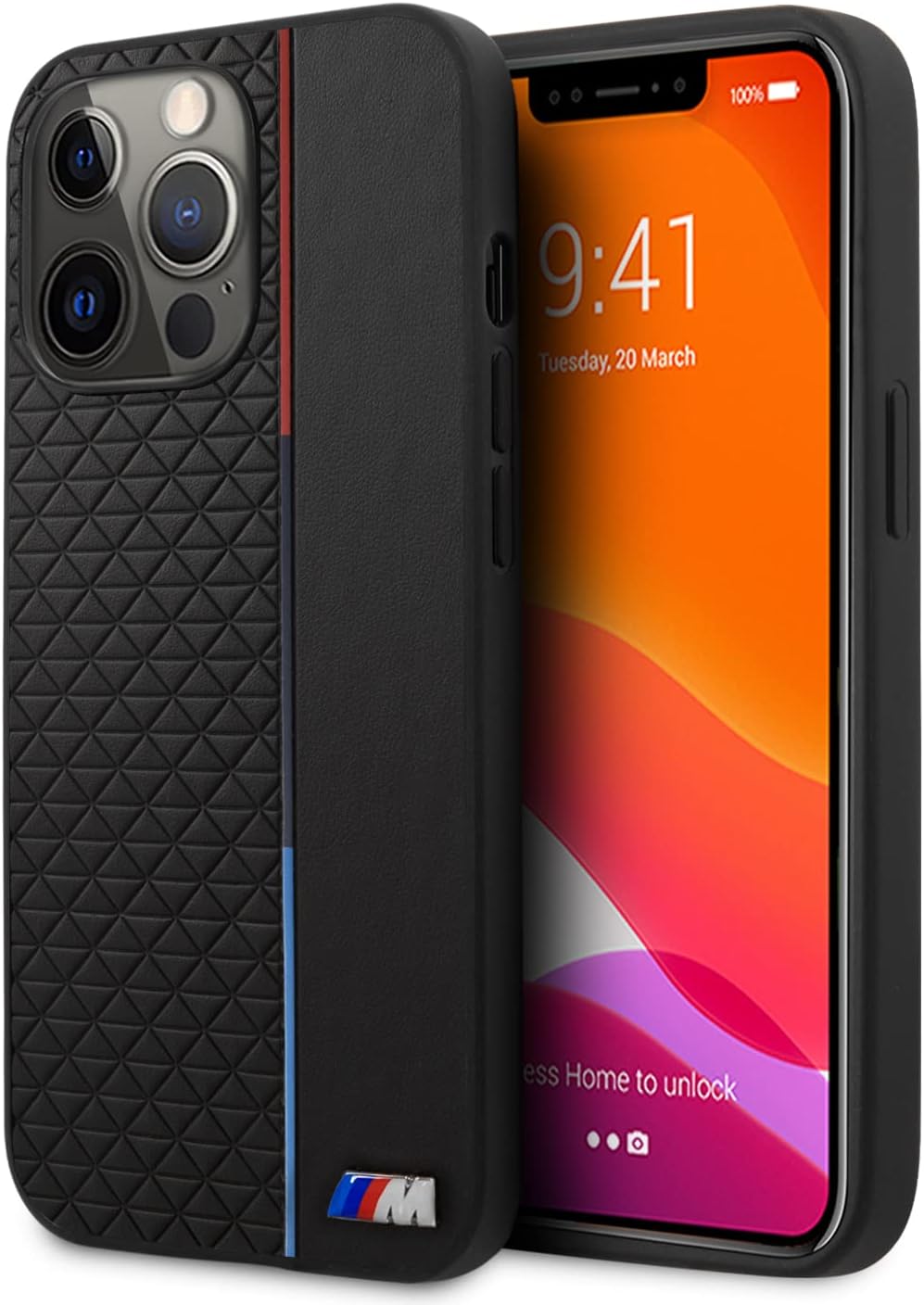 CG MOBILE BMW Phone Case for iPhone 13 Pro Max in Black with Triangle Patterns, PU Leather M Collection Smooth Protective Case with Easy Snap-on, Shock Absorption & Signature Logo