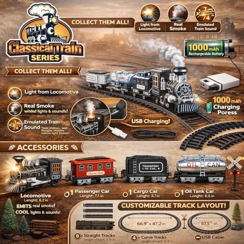 Image of Classical Electric Train Set for Boys - 16 Piece Railway Track Train Set with Light, Sound & Real Smoke Effect - Rechargeable Battery Operated Steam Engine Train Toy with Classic Track Gift