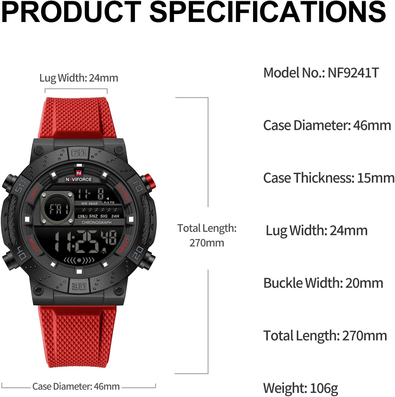 NAVIFORCE Fashion Men Digital Wrist Watch Military Waterproof Sports Chronograph Watches for Men with Alarm/LED Backlight