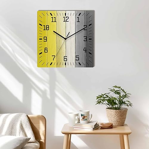 Miniatura 2 de Reloj de pared de madera amarillo negro blanco silencioso, sin tictac, color granja, reloj de pared cuadrado de madera degradado, funciona con