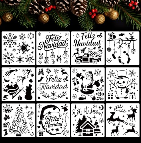BOOMTOP 12pcs Plantilla de Feliz Navidad, Plantilla Pintura Dibujo de Niños Navidad, Plantillas Reutilizable Manualidad, Stencil Plantillas DIY Navideña Decoración Ventana Scrapbooking Tarjeta Regalo