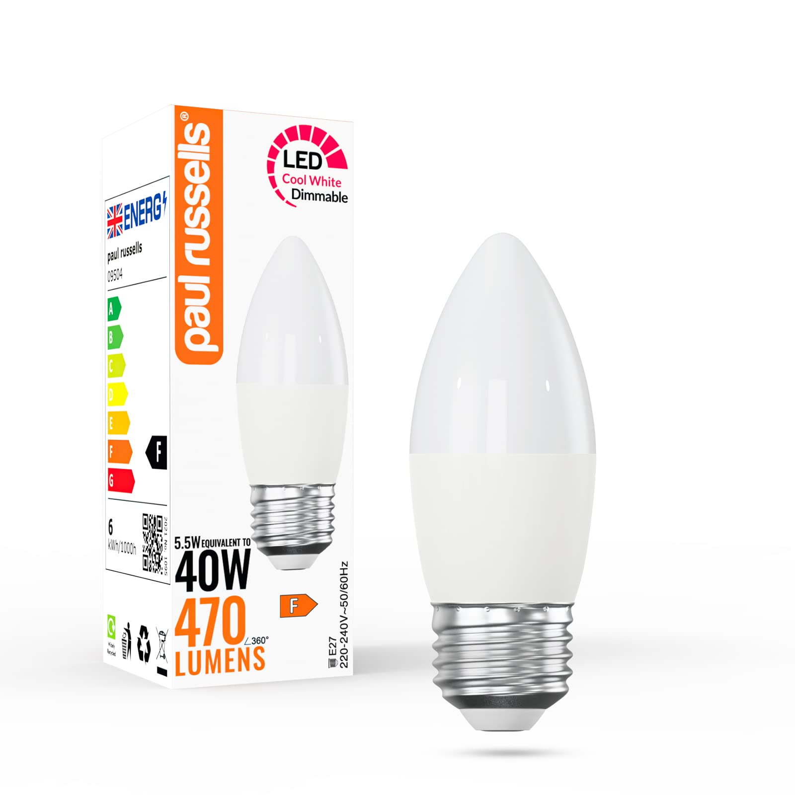 paul russells LED Candle – Dimmable Edison Screw Light, 5.5W 470 LM E27 C37 LED Bulbs, 40w Equivalent, 4000K Cool White/Natural White, Dimmer ES Energy Saving Ceiling Lightsbulbs, Pack of 1