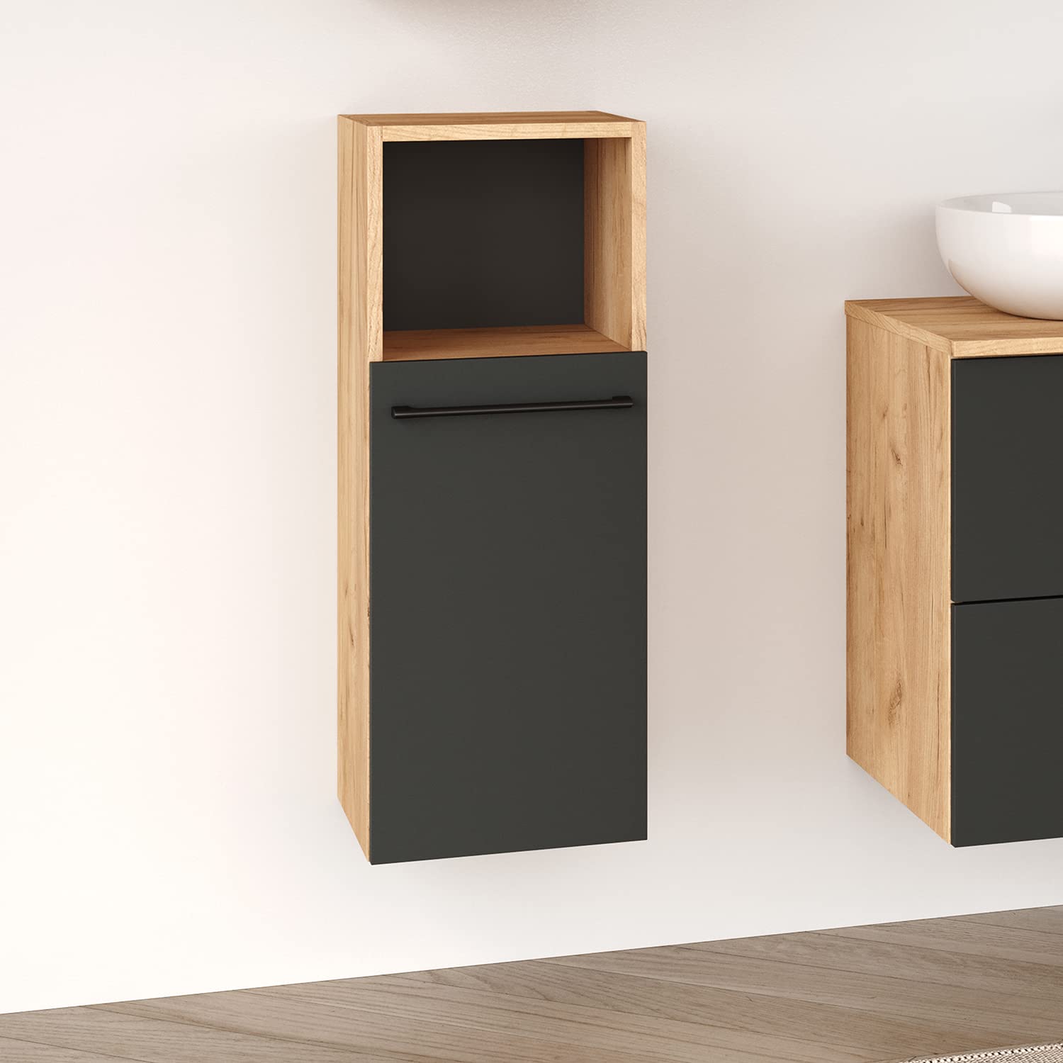Planetmöbel Juego de Muebles de baño Lux 70 cm de Color Dorado Roble/Antracita sin Lavabo con 2 armarios Midi Dorados Roble/Antracita