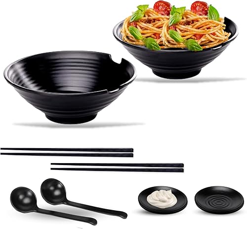 Miniatura 1 de AINAZ Juego de 2 cuencos grandes de melamina para ramen de 42 onzas con 2 pares de palillos, 2 platos de platillo y 2 cucharas de sopa asiáticas,