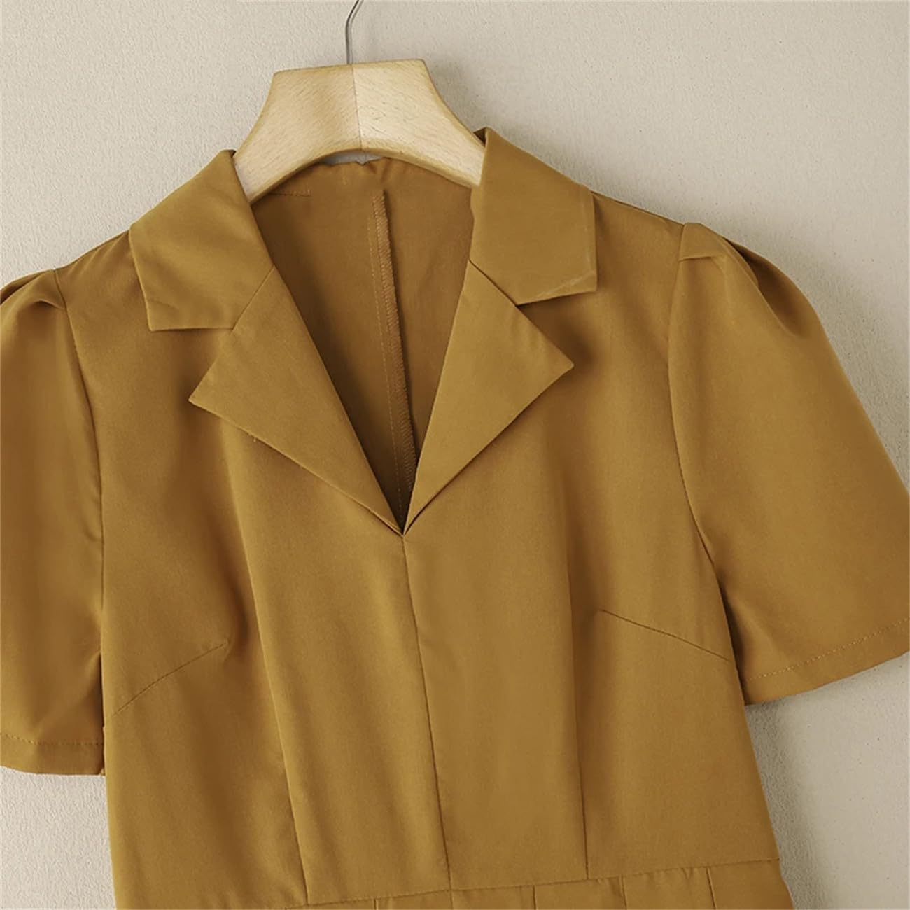 Elegante A-Line Midi Abiti Moda Donna Vita Alta Risvolto Collo Pieghe Vesti Femme Manica a Sbuffo Breve Abito Solido
