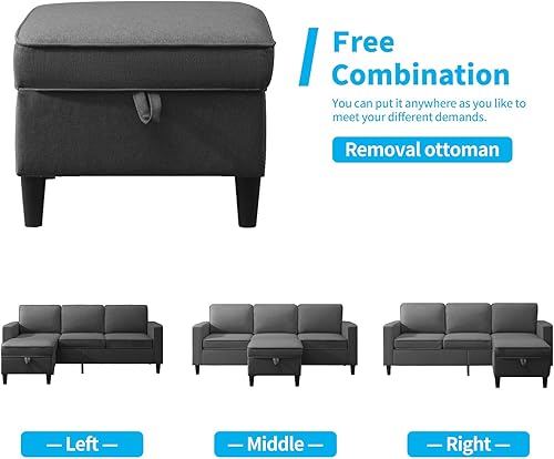 Miniatura 6 de Mjkone Juego de muebles de sala de estar de 4 piezas, moderno juego de sofá convertible tapizado con bolsillos laterales y otomana de Gris