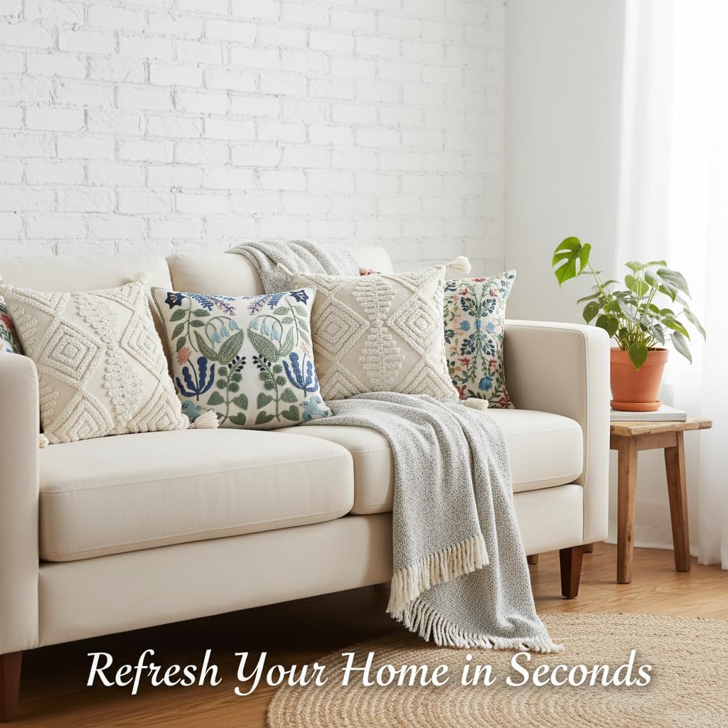 Boho Throw Pillows, 18x18 Bohemian Cushion Case,Set of 2 Textured Moroccan Throw Pillow Covers,Decorative Farmhouse Neutral Pillowcases for Couch Sofa Bedroom Living Room Home Decor White