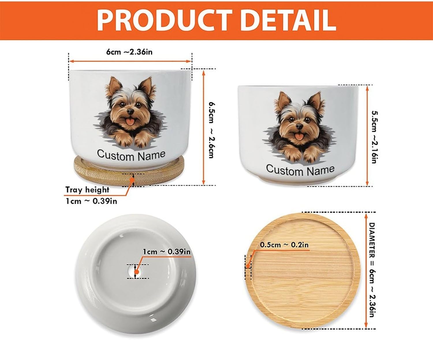 Yorkshire Terrier Ceramic Planters Set of 3 Yorkshire Terrier Peeking Dog Pots for Succulents with Drainage and Bamboo Tray Dog Mom Custom Name Small Succulents Pots