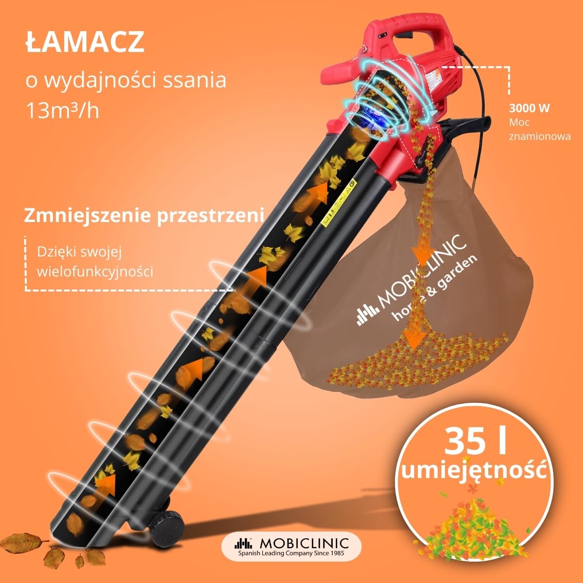 Mobiclinic®, Dmuchawa + Odkurzacz rozdrabniacz liści, 900w, 6 prędkości, 3 w 1, Lekka, 35l, Wtyczka, Prędkość dmuchania 270 km/h, Do ogrodu, 220v, Ramię na, Mobiclean