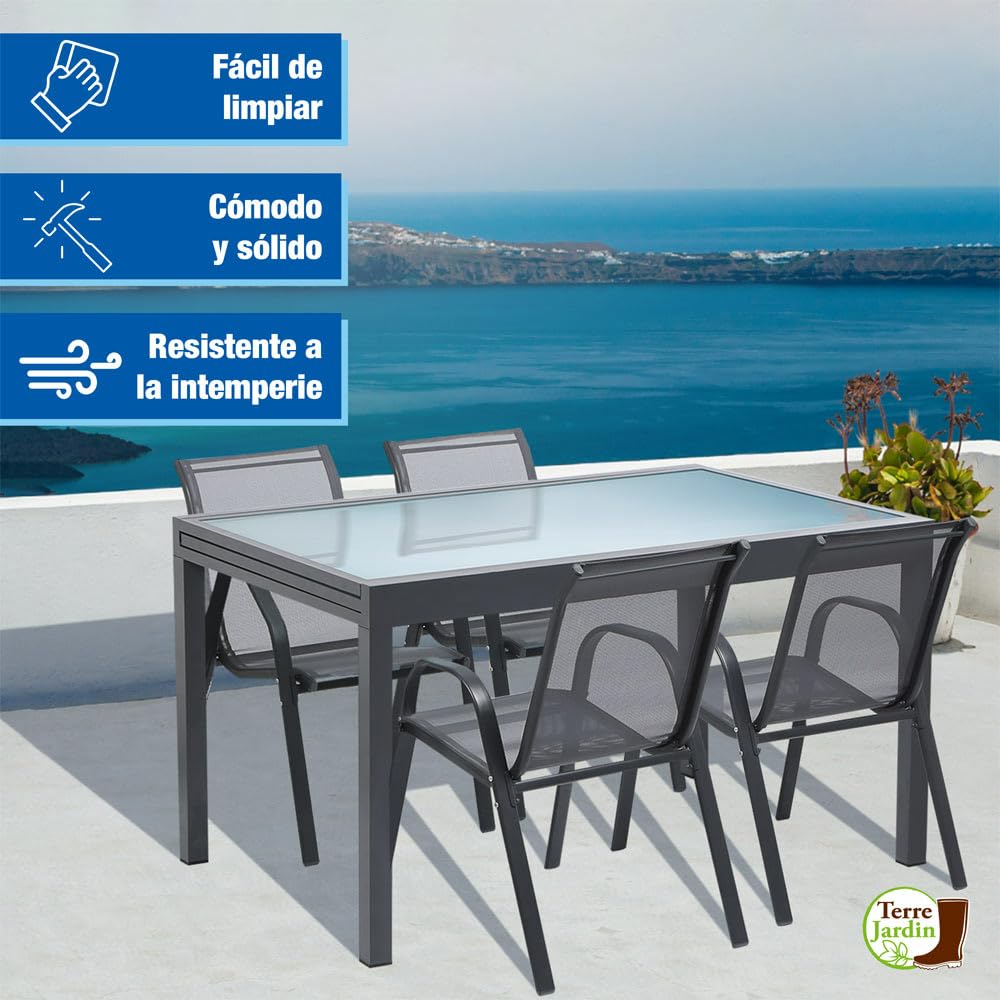 TERRE JARDIN Lot de 4 Chaises de Jardin Textilène Gris - Fauteuils Extérieur Empilables avec Accoudoirs - Chaise de Jardin Résistante UV et Intempéries pour Terrasse, Balcon