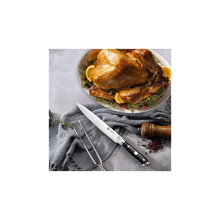 PAUDIN Carving Knife Set 8" - German Steel Turkey Carving Knife and Fork Set, BBQ Knife Set With Ergonomic Handle, Full Tang Carving Knife For Meat, Brisket