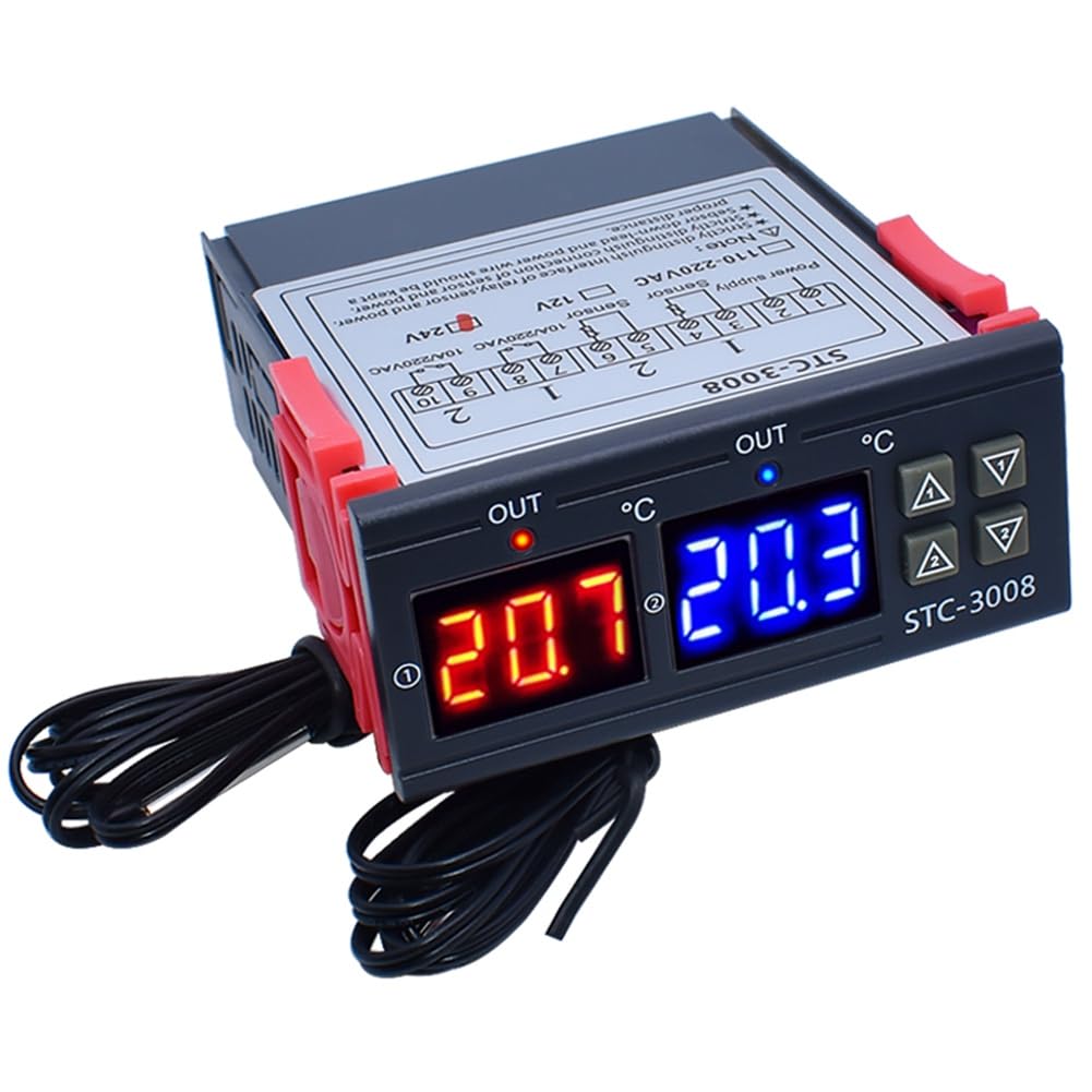 Jgzzmxuq Dual Digital Stc-3008 Temperature Controller Two Relay Output Thermostat Heater With Probe Temperature Controller 24V