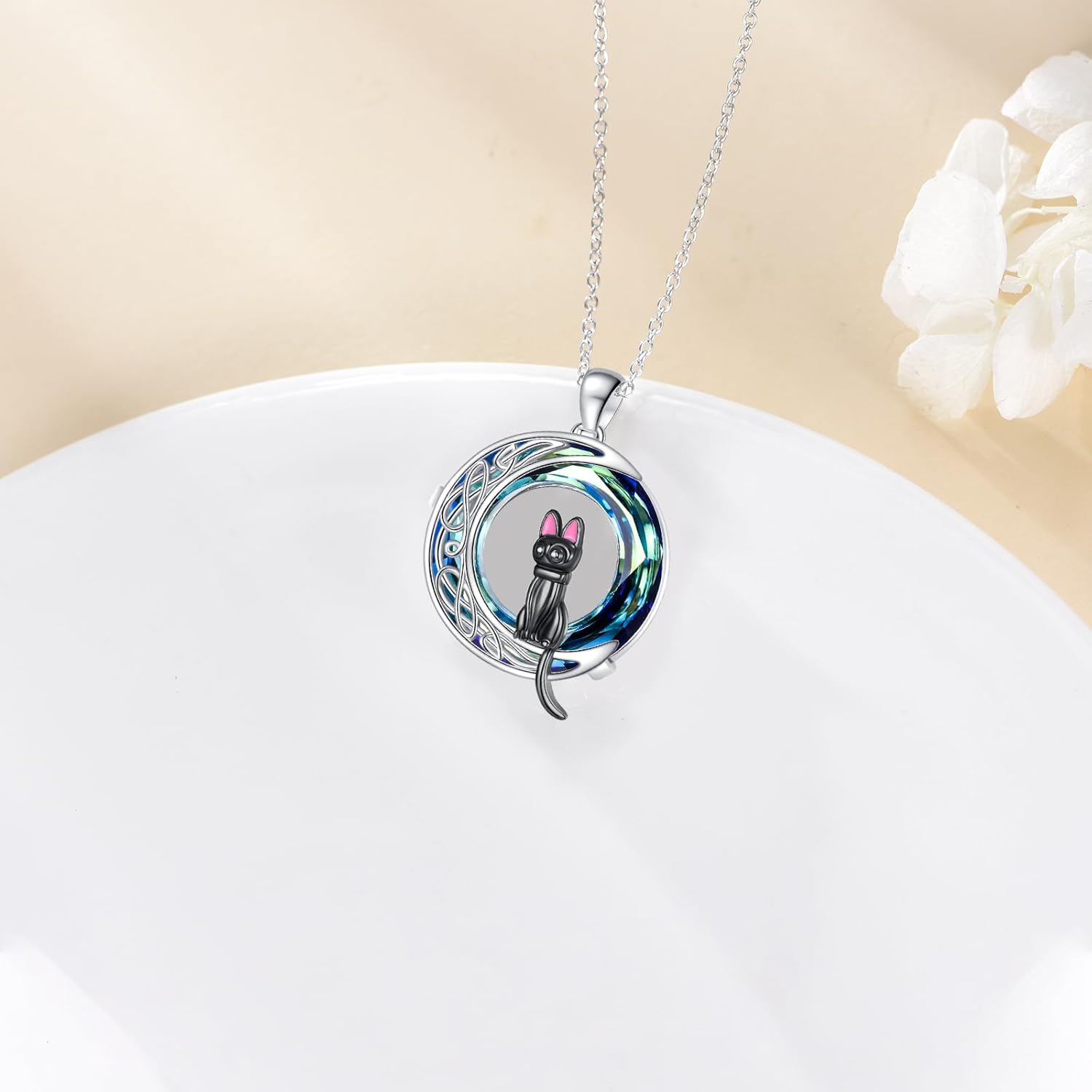 VONALA Cat Moon Necklace S925 Sterling Silver Celtic Crystal Pendant Jewelry Gifts for Friend Women - Image 2