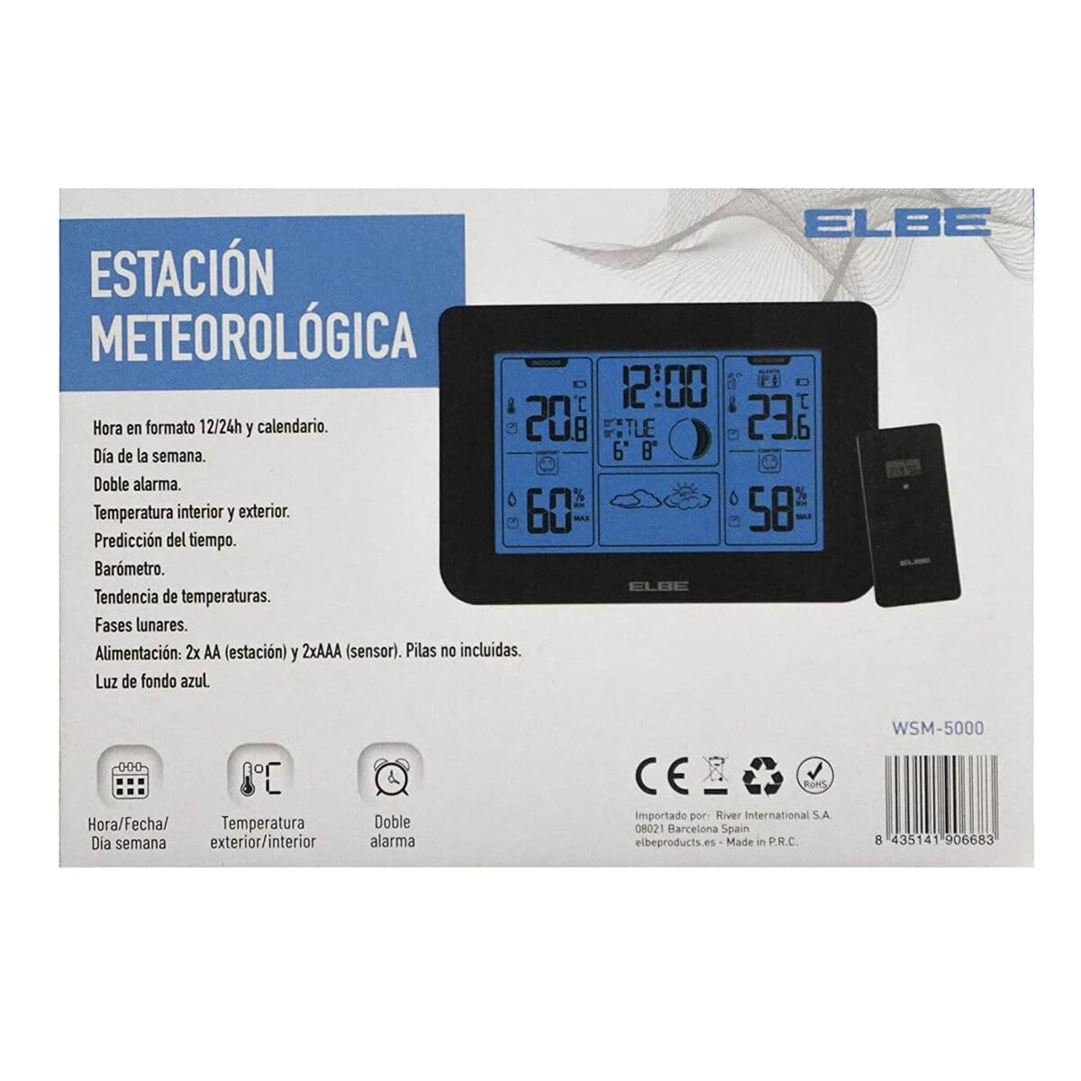 ELBE WSM-5000 STACJA METEOROLOGICZNA Z CZUJNIKIEM ZEWNĘTRZNYM MIEDZIEŻY TEMPERATURA, WILGOŚĆ, FAZY KSIĘŻYCOWE, TRENDY CZASOWE, NIEBIESKIE ŚWIATŁO