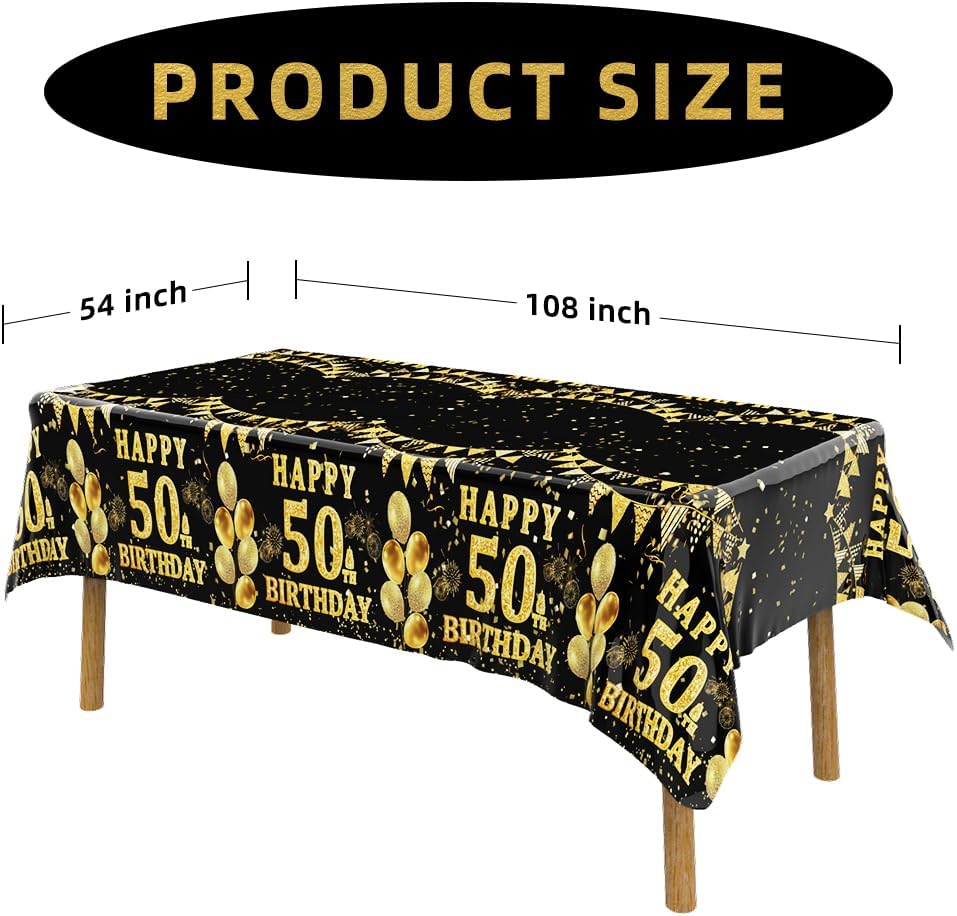 Labeol 3 Pack 50th Birthday Tablecloth, Black and Gold Happy 50th Birthday Decorations, Disposable Plastic Rectangular Table Cover Party Supplies for Men Women