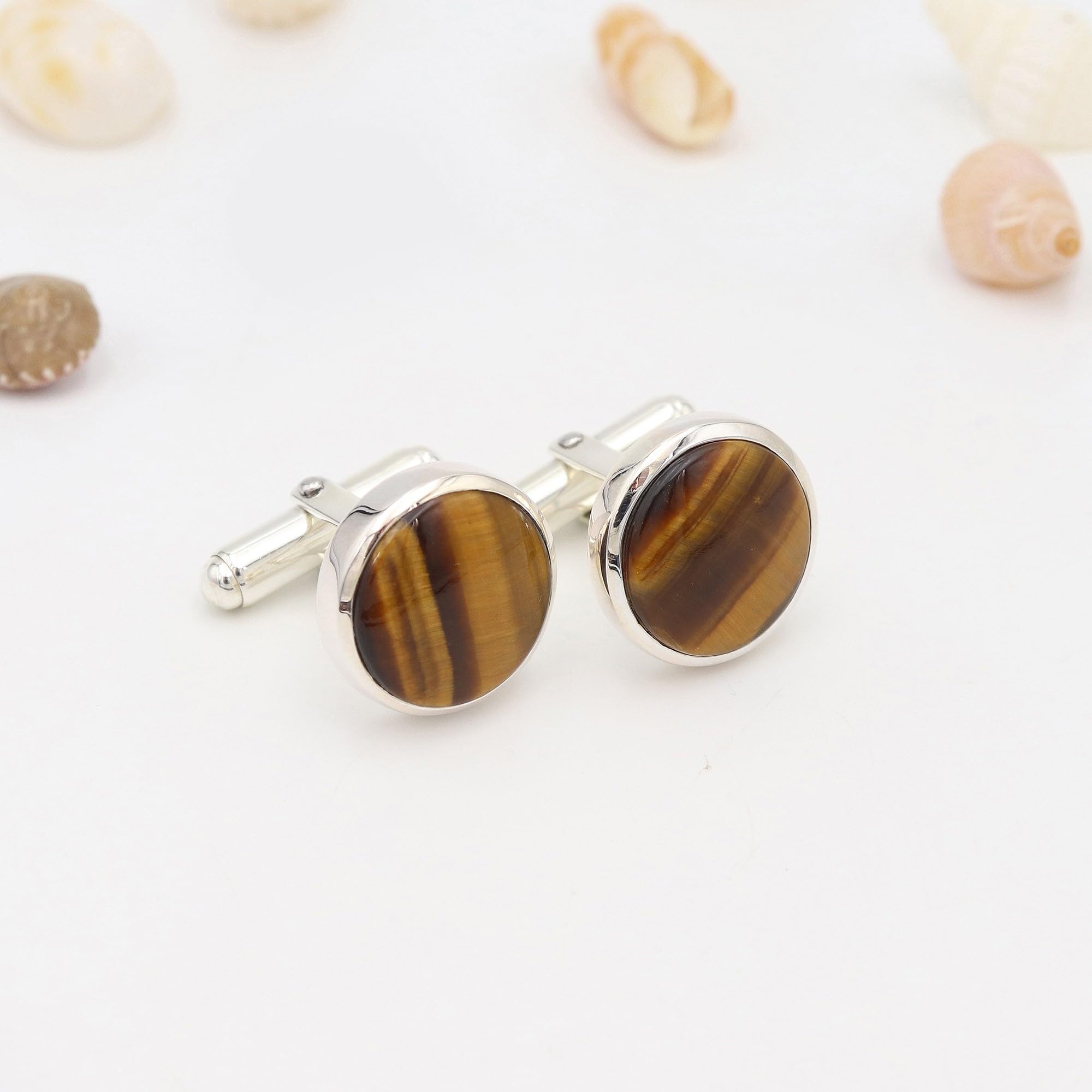 Gemelli in argento Sterling, gemelli per testimoni dello sposo, gemelli con occhio di tigre, gemelli con pietre preziose, gemelli da uomo, gemelli rotondi con pietra preziosa occhio di tigre, medio,