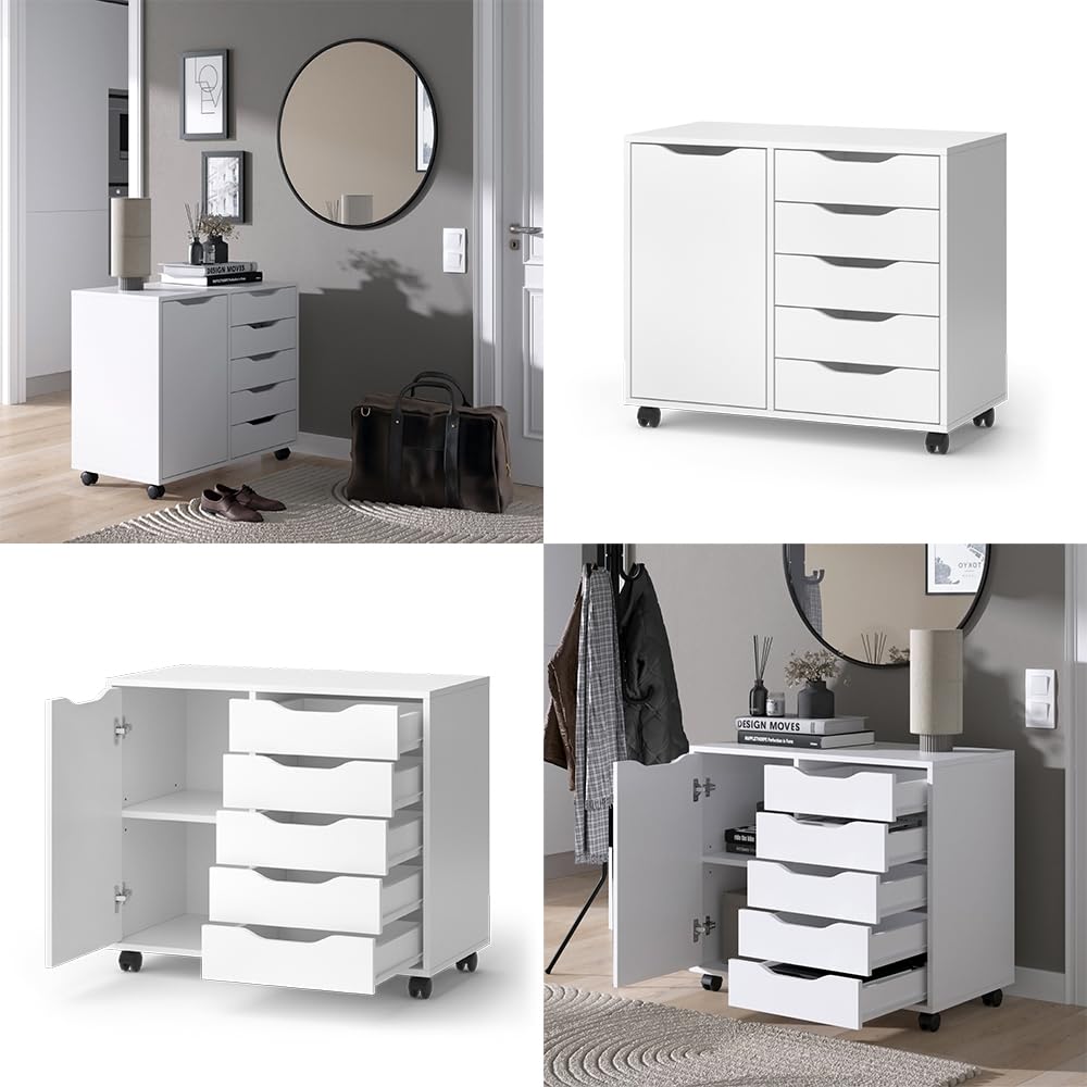 Vicco Aparador Otwin, Blanco, 40.6 x 61.5 cm | con 5 cajones y 1 puerta, para guardar ropa y artículos del hogar