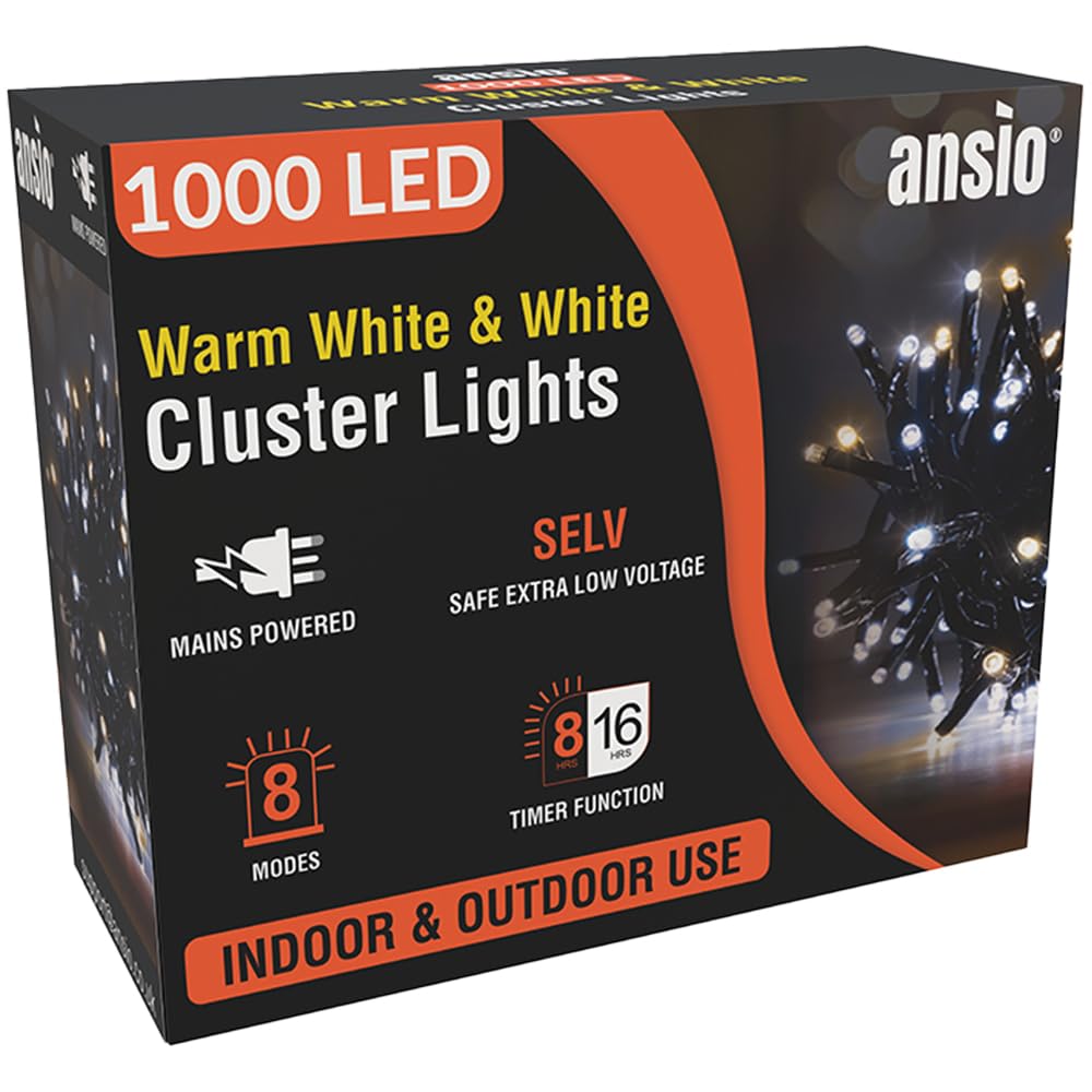 Ansio Warm & Cool Ansio® 1000 Led 12M/39Ft Cluster Christmas Tree Lights For Indoor & Outdoor Warm White & Cool White Decorations Fairy Lights With Timer For Xmas Garden & Party | Mains Powered