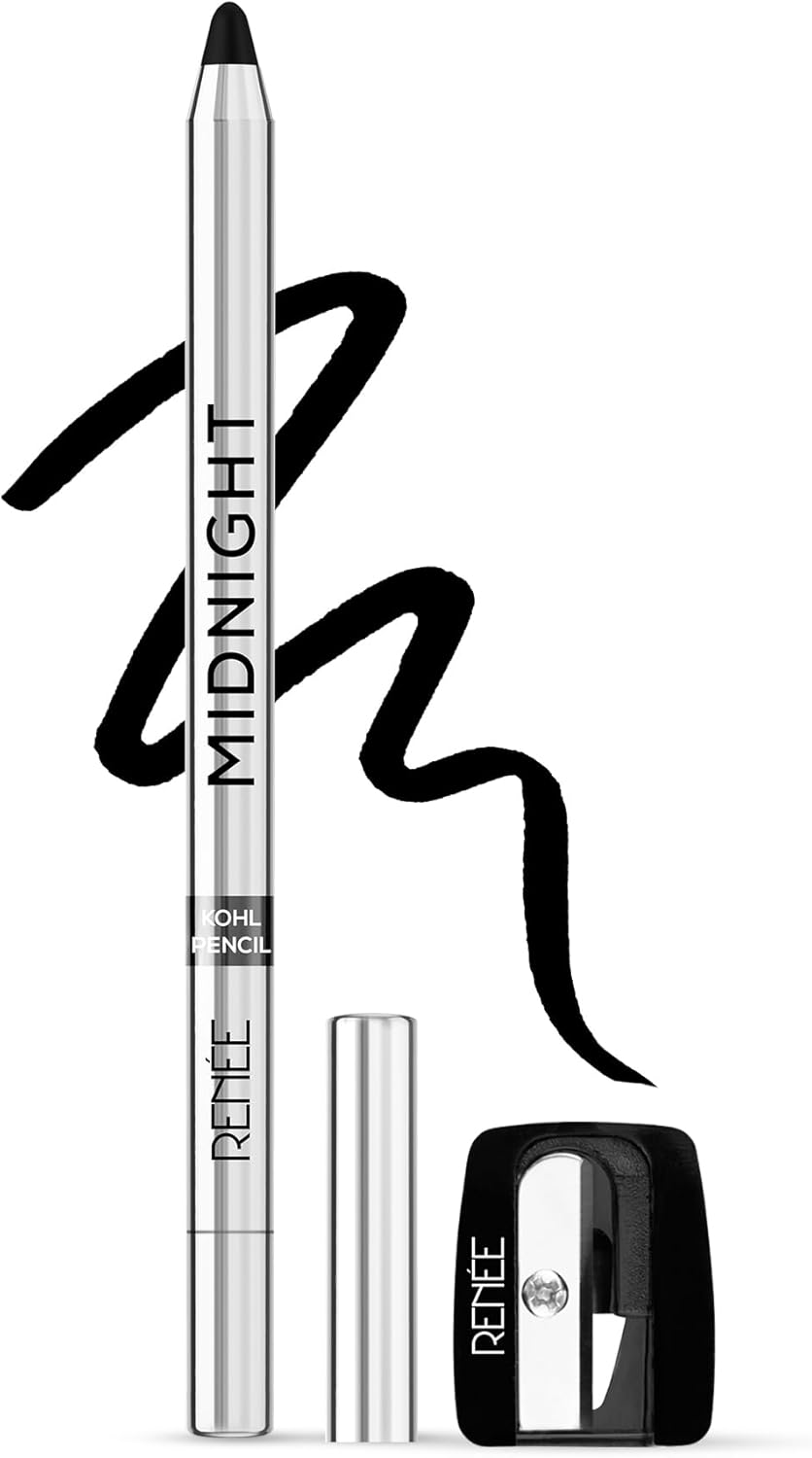 RENEE Midnight Kohl Kajal Pencil – Waterproof, Smudgeproof With Sharpener – 24 Hours Long Stay – Darkest Black – One Swipe Application – Vitamin E, Olive Oil and Castor Oil – 1.5 Gm, Matte Finish