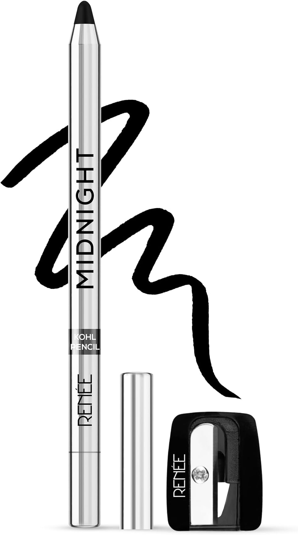 Midnight Kohl Kajal Pencil - Waterproof, Smudgeproof With Sharpener - 24 Hours Long Stay - Darkest Black - One Swipe Application - Vitamin E, Olive Oil and Castor Oil - 1.5 Gm, Matte Finish