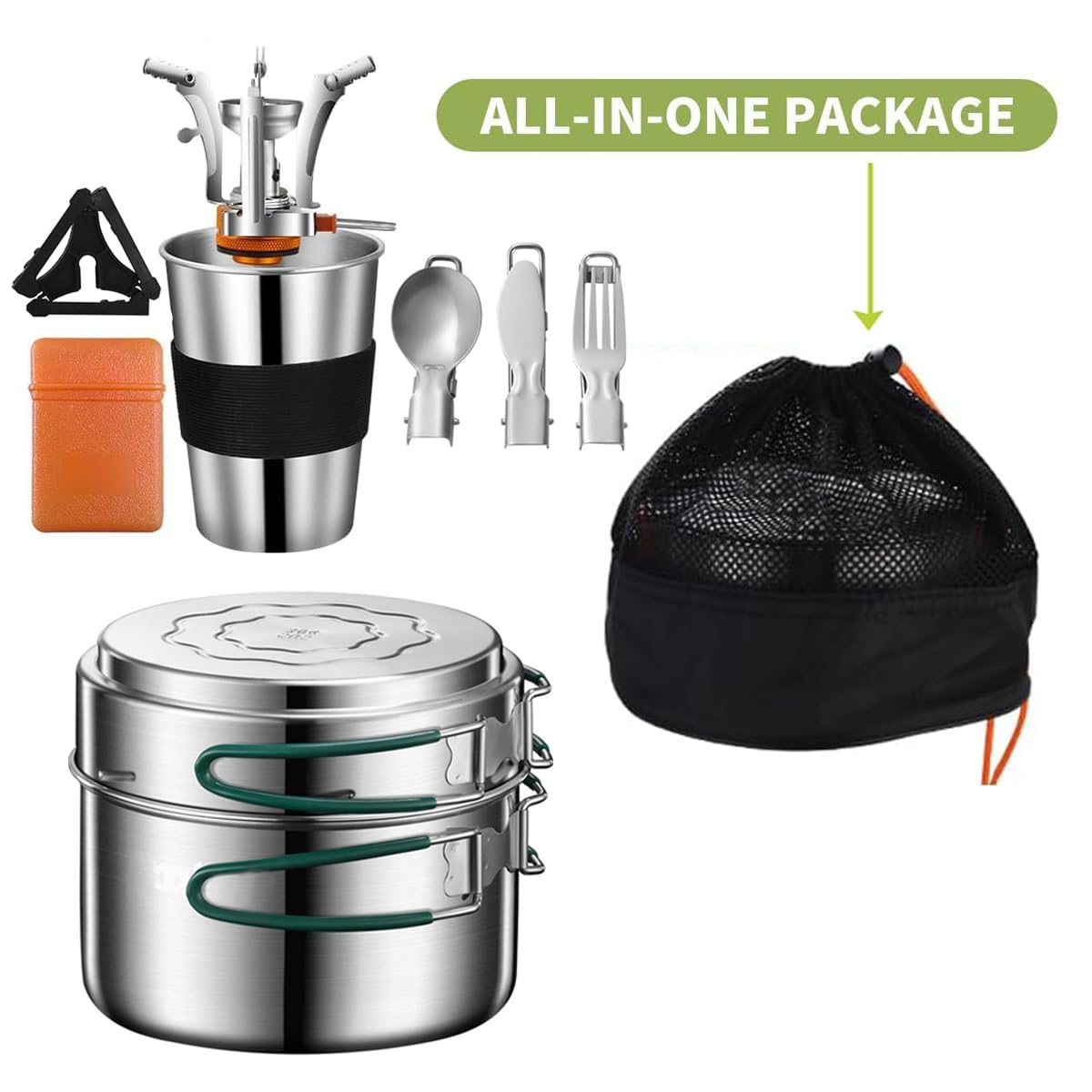 Camping Kochgeschirr Mess Kit, Edelstahl Camping Kochset, Backpacking Kochen Set Backpacking Ausrüstung mit Mini Herd für Camping, Backpacking, Picknick, Wandern