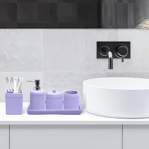Miniatura 7 de Juego de 5 accesorios de baño de resina beige, dispensador de jabón de loción, soporte para cepillo de dientes, vaso de baño, soporte para Qtip y