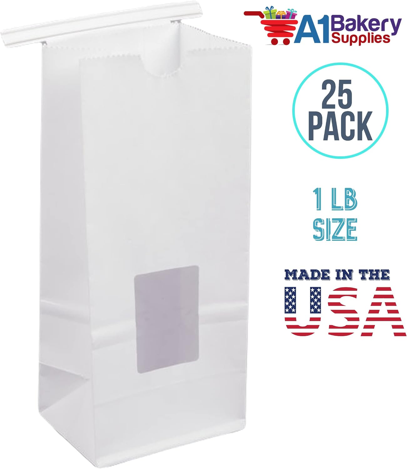 1 Lb. Tin Tie Bag Bakery Bag w/Window - white 25 Pack
