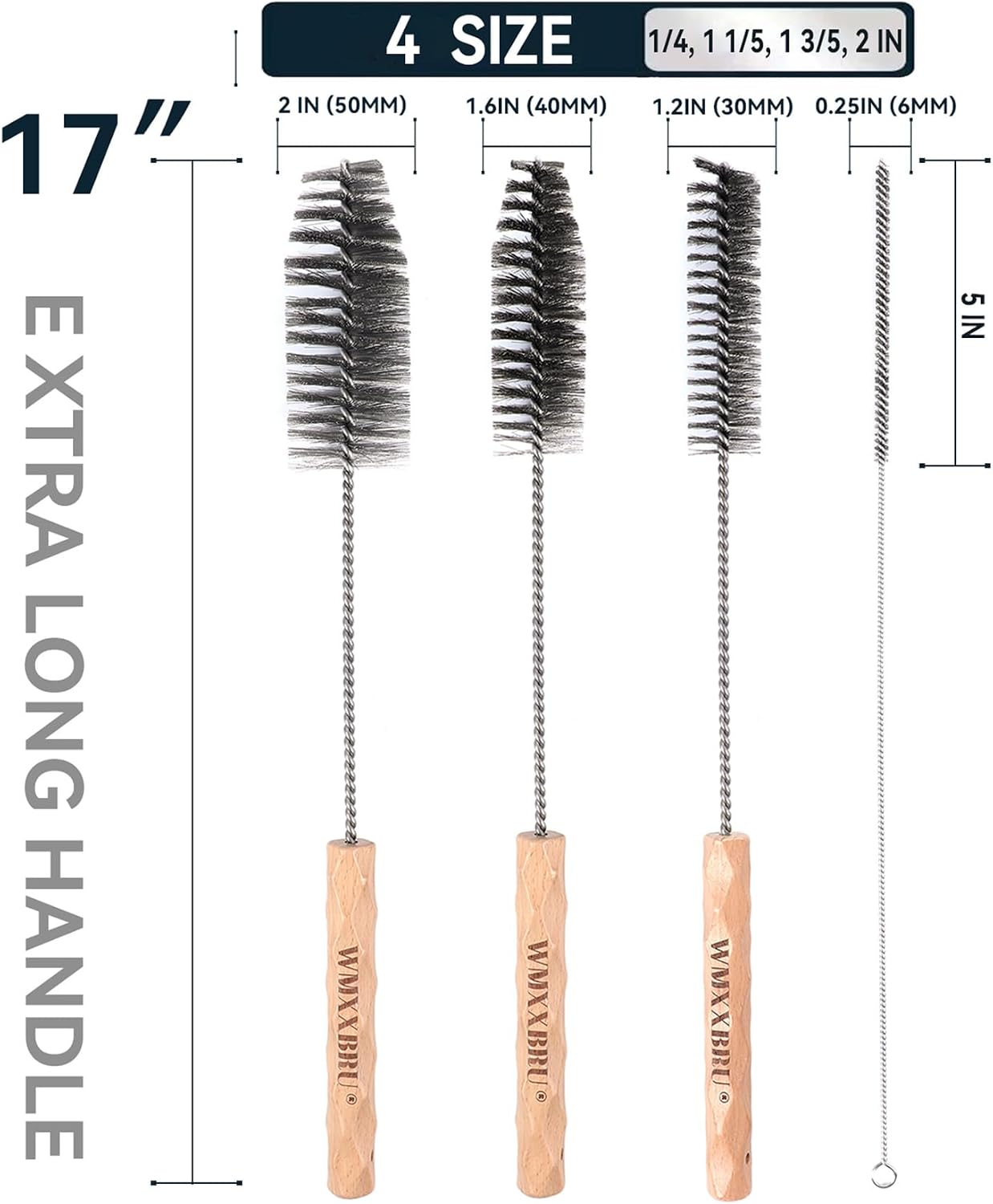 4pcs Household Pipe Cleaning Brush Set with Stainless Steel Bristles, 17 in Extra Long Stainless Steel Handle, Kitchen Scrub Cleaning Brushes, Lab Brushes for Auto Parts, Machinery, Water Pumps, Etc.