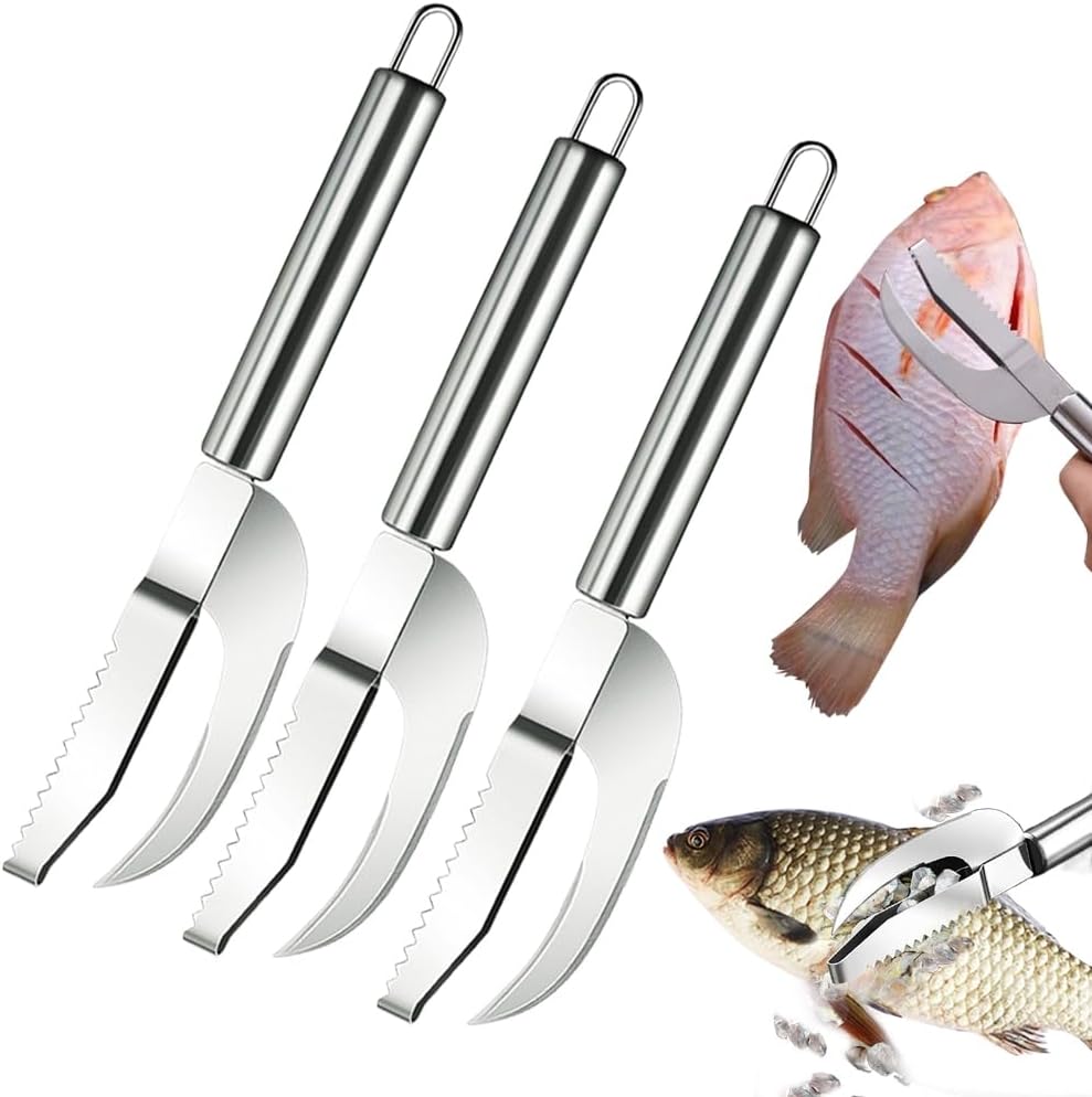 Drkicsy 3 PCS Multi Fish Scale Knife 3-in-1 Cut Scrape Dig, Stainless Steel Fish Maw Knife Fish Cleaning Knife, Seafood Scraper Fish Knives for Filleting and Cleaning (Silver)