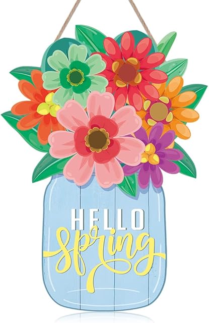 CHDITB Colorful Flower Hello Spring Front Door Sign Plaque(7''x9.8''), Elegant Floral Pattern Wall Hanging Welcome Spring Sign, Outdoor Rustic Wooden Door Hanger Decorative Farmhouse Porch Garden Cafe