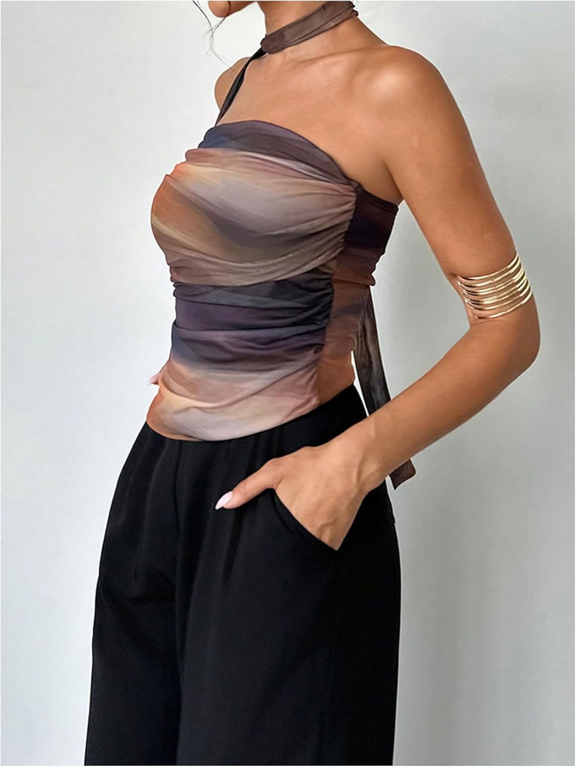 GORGLITTER Women's Tie Dye Ruched Strapless Halter Tube Top Mesh Backless Going Out Bandeau Top with Scarf - Image 3