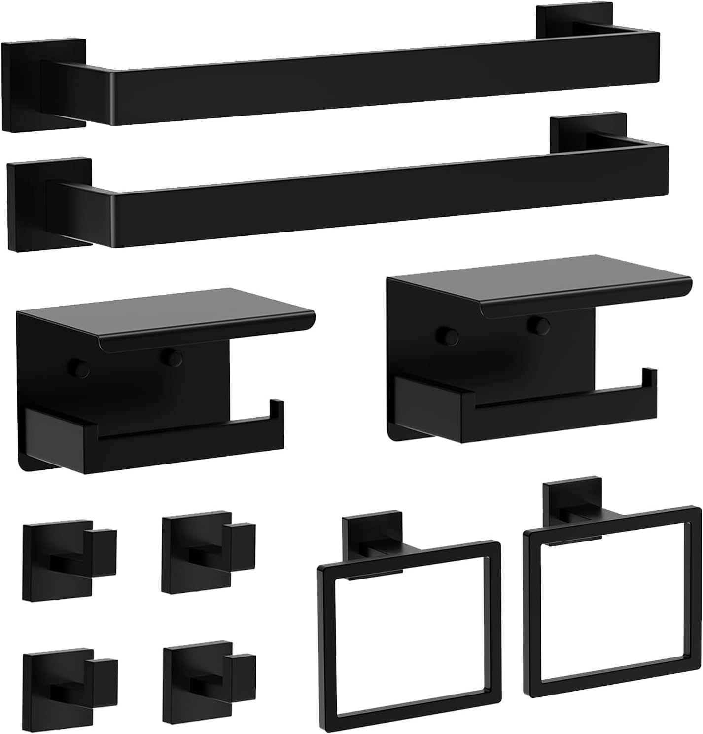 Matte Black Bathroom Hardware Set, 10-Piece Stainless Steel Towel Bar Set with 2×16" Towel Bars, 2×Toilet Paper Holders with Shelves, 2×Towel Rings, 4×Towel Hooks for Bathroom Decoration
